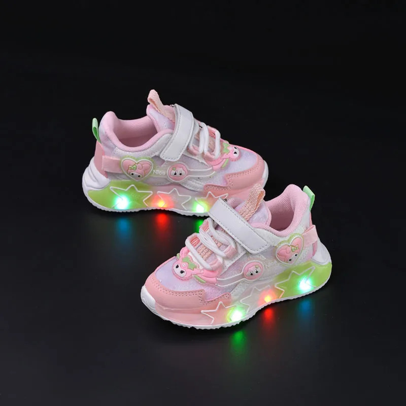 anrio Kawaii Kuromi My Melody Casual Sneakers Girl Cartoon Fashion Rotating Buckle Children Led Luminous Sports Shoes H260130