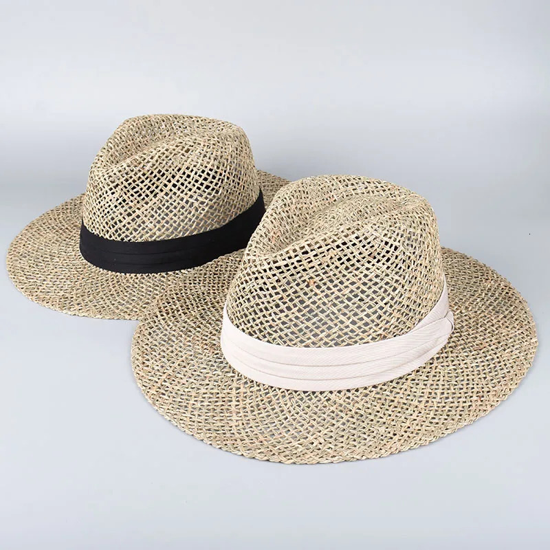 100% Natural Grass Straw Hat Women Summer Sun Protection Beach Sun Hat Wide Brim Panama Chapeau Sunhat Travel Jazz Caps 250610