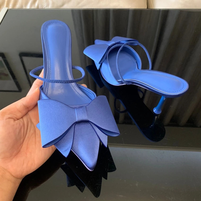 Fashion Bow knot High Heels Sandals Women 2024 Summer Slingback Pumps Vintage Satin Pointed Toe Heeled Elegant Party Lady Shoes 250613