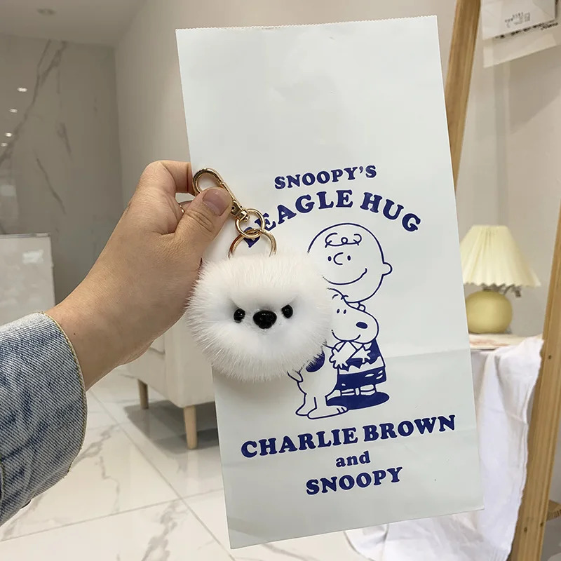 Cute Real Mink Fur Plush Pomeranian Dog Doll Key Rings Funny Anime Car Keychain Handmade Cartoon Clown Keyring Pendant Toys 250610