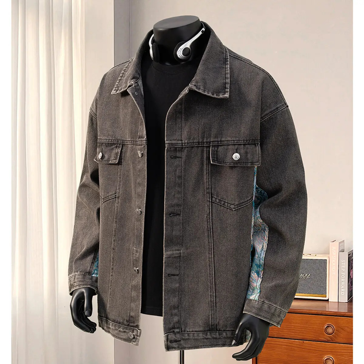 Autumn Men Vintage Denim Jackets Fashion Printed Jacket Square Collar Plaid Male Hip Hop Harajuku Outerwear 250614