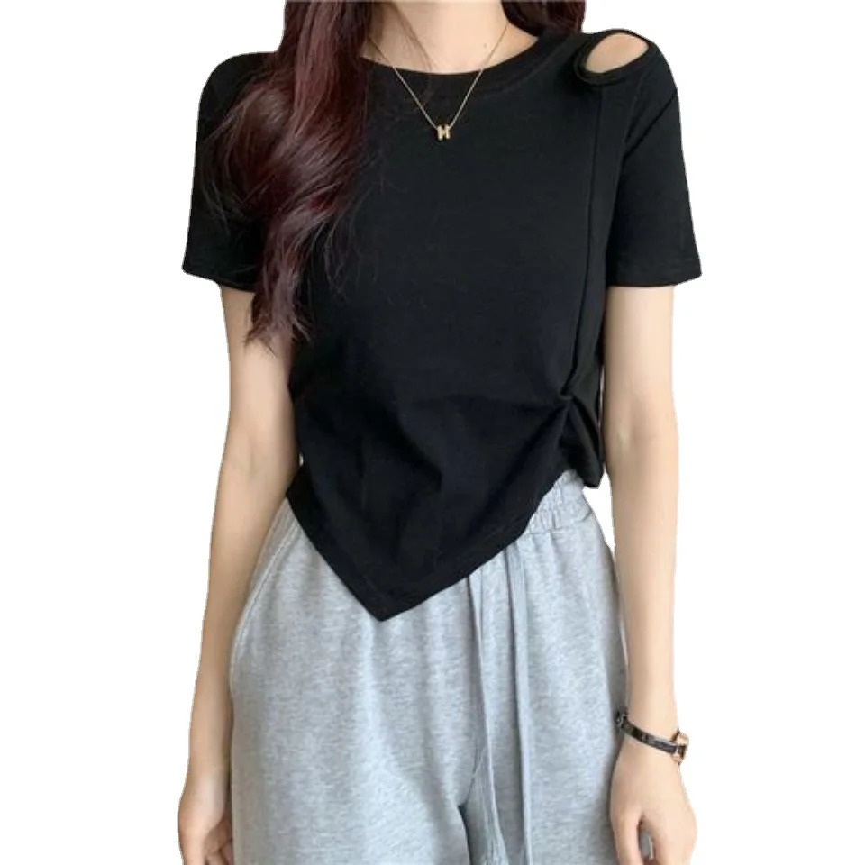 Summer Fashion Y2K T-shirt Woman Hollow Out Sexy Crop Top High Waist Short Sleeve Tee Shirt Women Pleated Clothes Kpop 250614