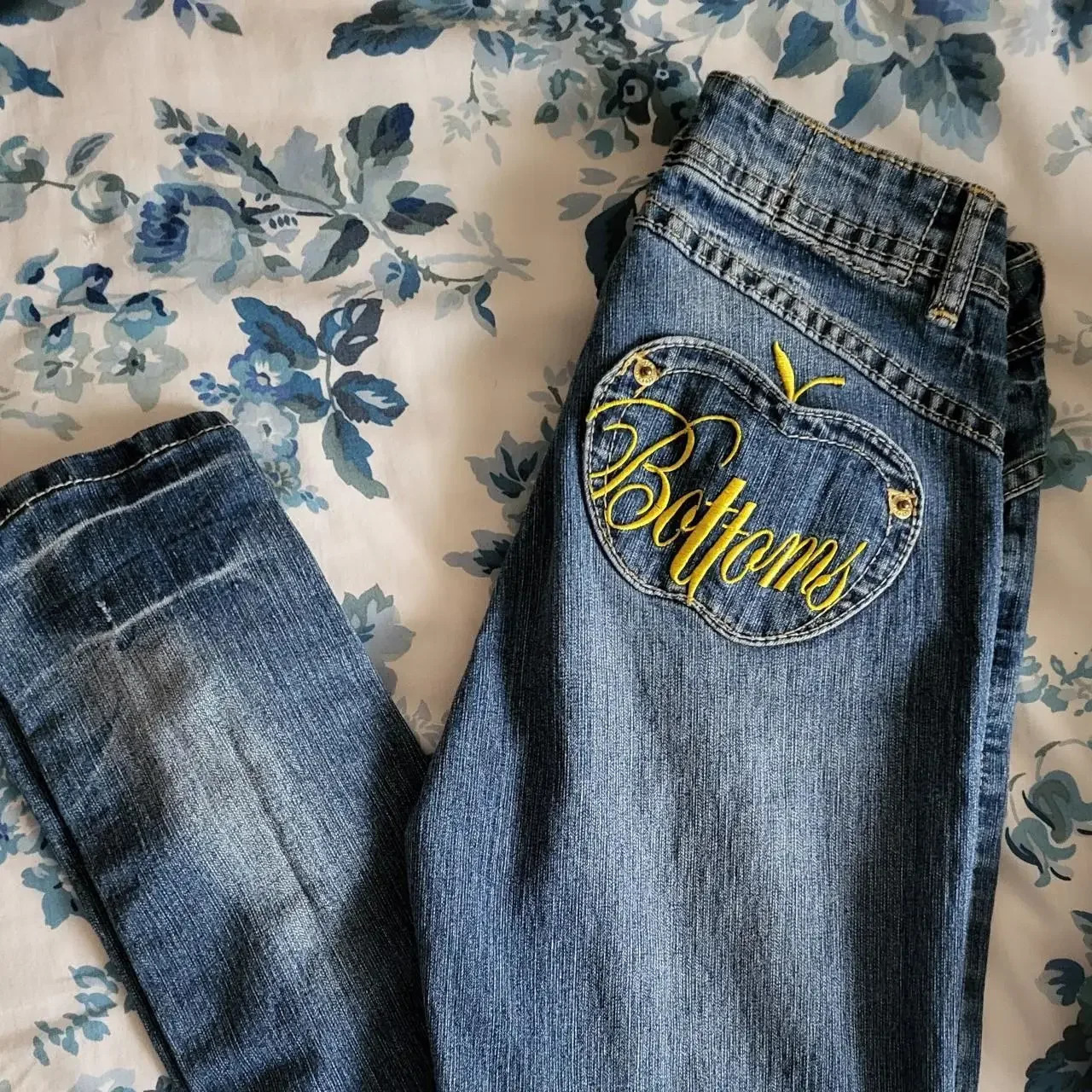 American Retro Apple Yellow Pocket y Baggy Jeans Y2K Women Goth Harajuku Slim Sexy Hip Hop High Waist Denim Pants 250612