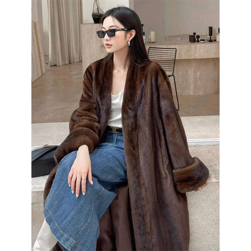 2024 Women Winter Jacket V-Neck Loose Fashionable Warm Ecological Mink Fur Lady Coat Casual Long Parkas Brown