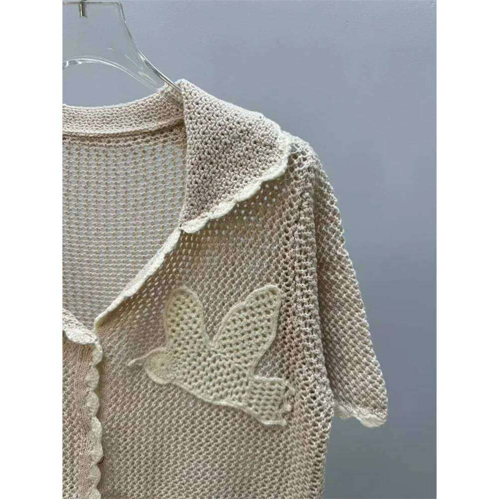 Embroidered Crochet Knit Shirt For Women Short Sleeve Ladies Mesh Hollow Out Knitted Blouse Tops