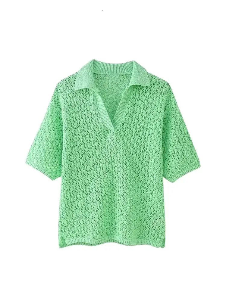 TRZA Women Fashion Pointelle Knit Loose Sweater Polo Collar Short Sleeve Female Pullovers Chic Tops 250612