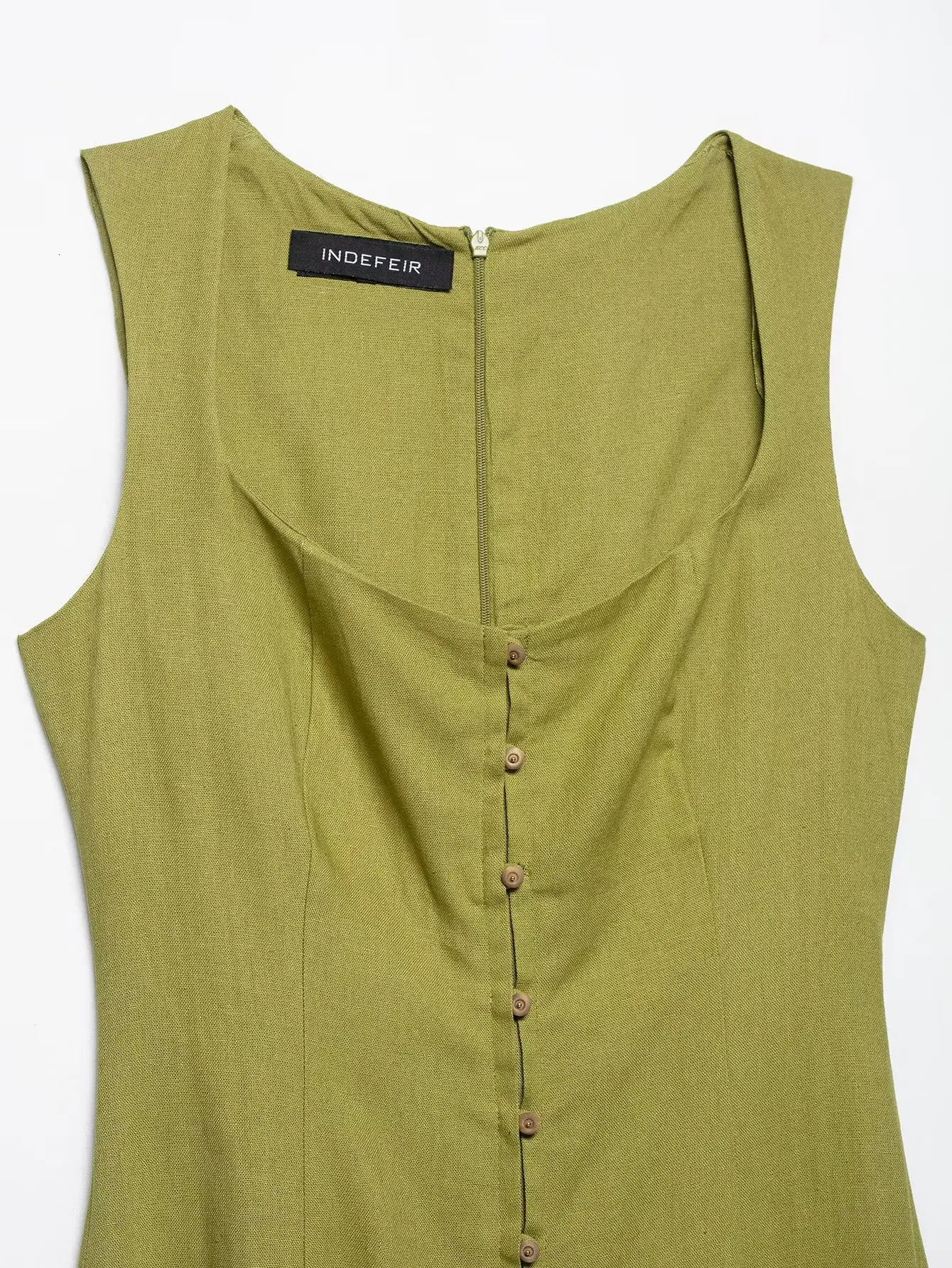 Summer Elegant Dress Women Fashion Solid Square Collar Sleeveless Single Breasted Dress Ladies Vacation Green Spilt Dresses 250613