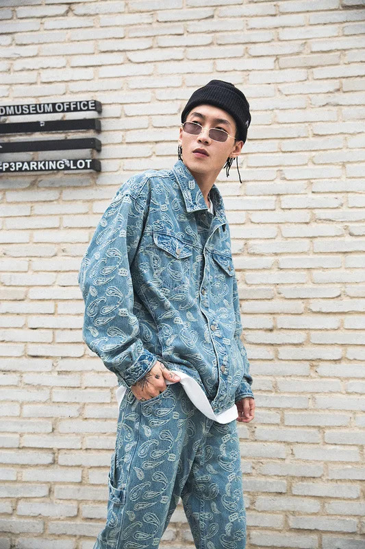 MAQVOB Top Quality y Apparel High Street Hiphop Black Blue Paisley Jacquard Denim Coat Jacket 250614