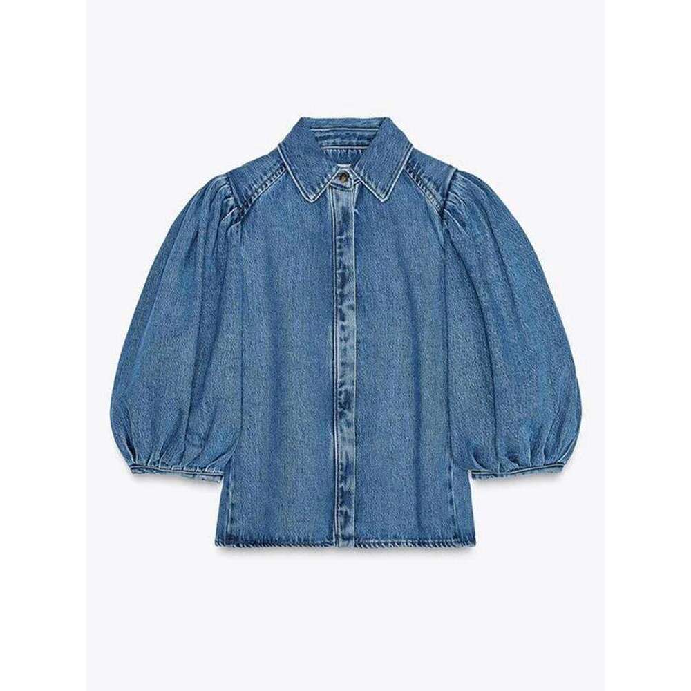 Y2k Denim Short Shirts Women Solid Lapel Half Puff Sleeve Single Breasted Pleated Top 2025 Spring Summer Fashion Streetwear Lady