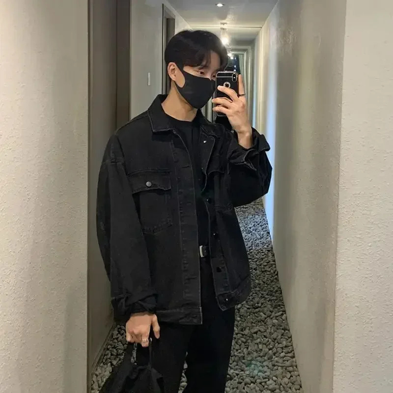 Mens Spring and Autumn Denim Jacket Korean Style Trendy Cool Loose Versatile TurnDown Collar Workwear Jacket 250614