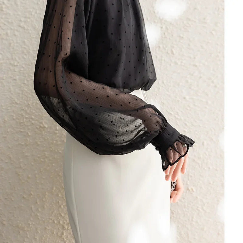 Spring Summer Black Polka Dots Mesh Womens Chiffon Blouses Long Sleeve Stand Collar Vintage Loose Shirts Female 250614