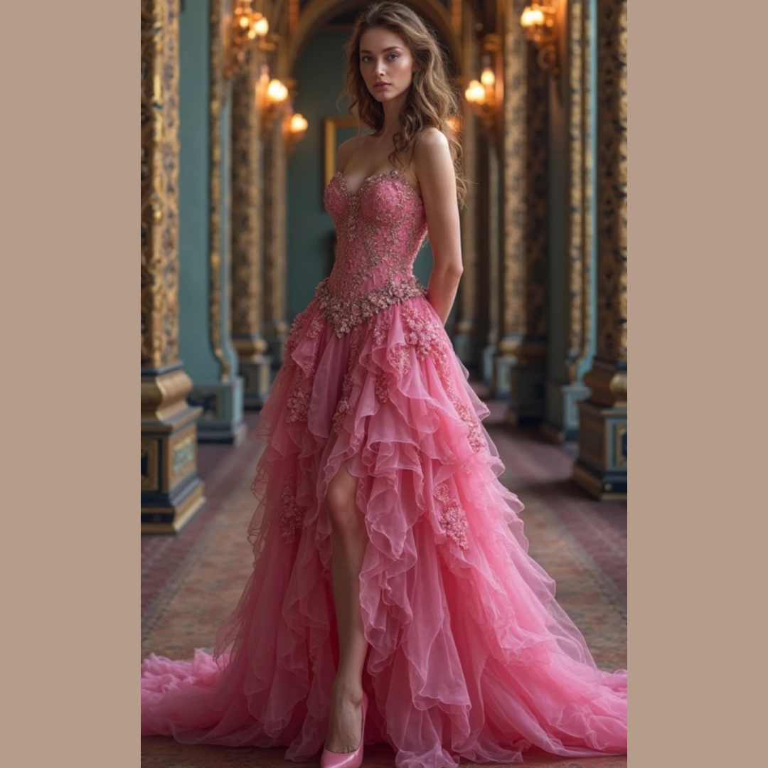 Side Slit Strapless Pink Prom Dresses Ruffles Tiered Tulle A-Line Evening Gown Lace Appliques Sweetheart Long Pageant Party Dress