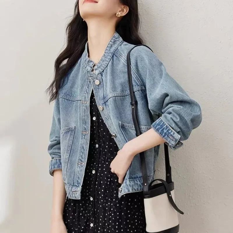 Bomber Denim Jacket for Women Plain Studded Stand Collar Cowboy Coat Woman Spring Autumn on Sale Trend Korean Outer Vintage 250609