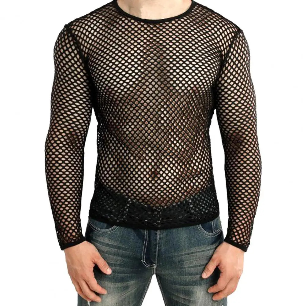 Men Club Top See-through Hollow Out Fishnet O Neck Short Sleeve Loose Thin Pullover Hip Hop Streetwear Men T-shirt 250614