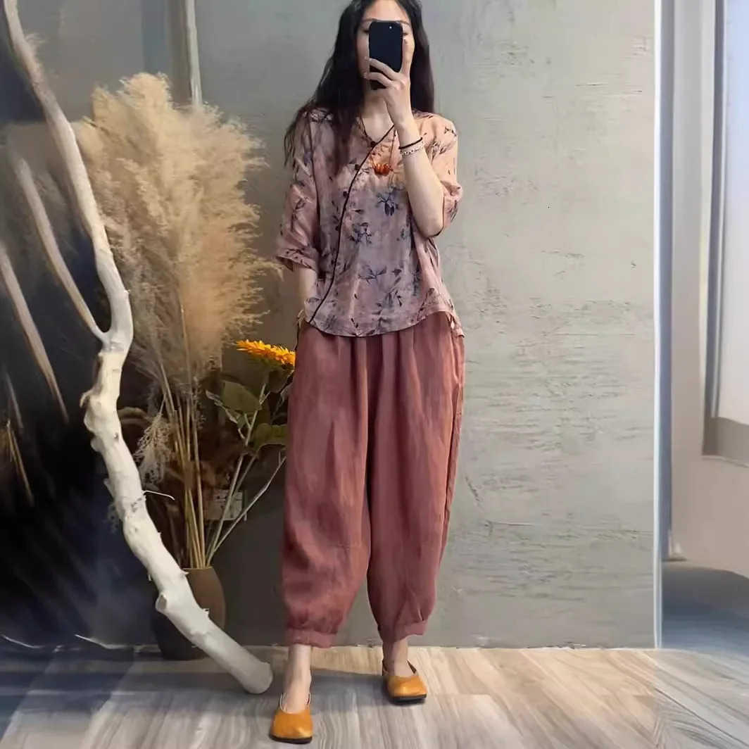 Summer Womens Cotton Linen Set Print Splicing Slimming TwoPiece Suit Fashionable Harlan Pants VNeck Short Sleeve Top 250609