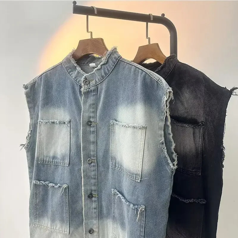 Vintage Mens Denim Jacket Sleeveless Vest Shawl Collar Jean Outerwear Loose Fit Punk Style Top Summer Arrivals 250614