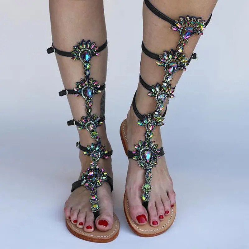 Sexy Woman Bohemia Sandal Boots Rhinestone Lady Knee High Boots flat thong rhinestone boots Crystal Dress Summer Shoes Sandal 250610