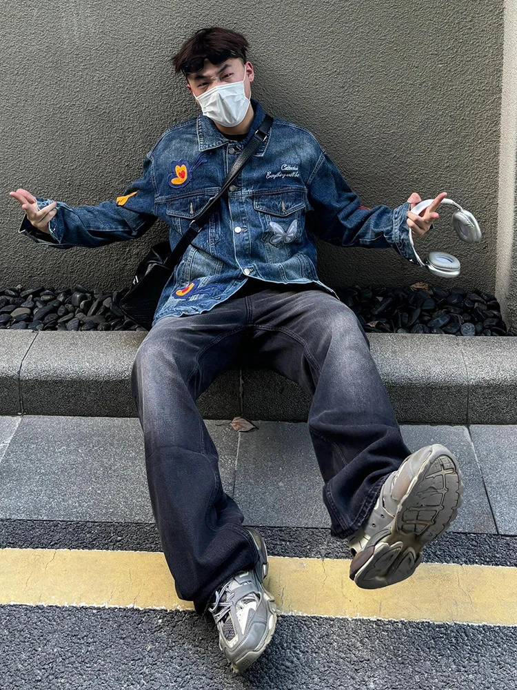 REDDACHIC Butterfly Patches Men Denim Jacket Wash Distressed Flap Pockets Long Sleeves Singlebreasted Coat Y2k Retro Outerwear 250614