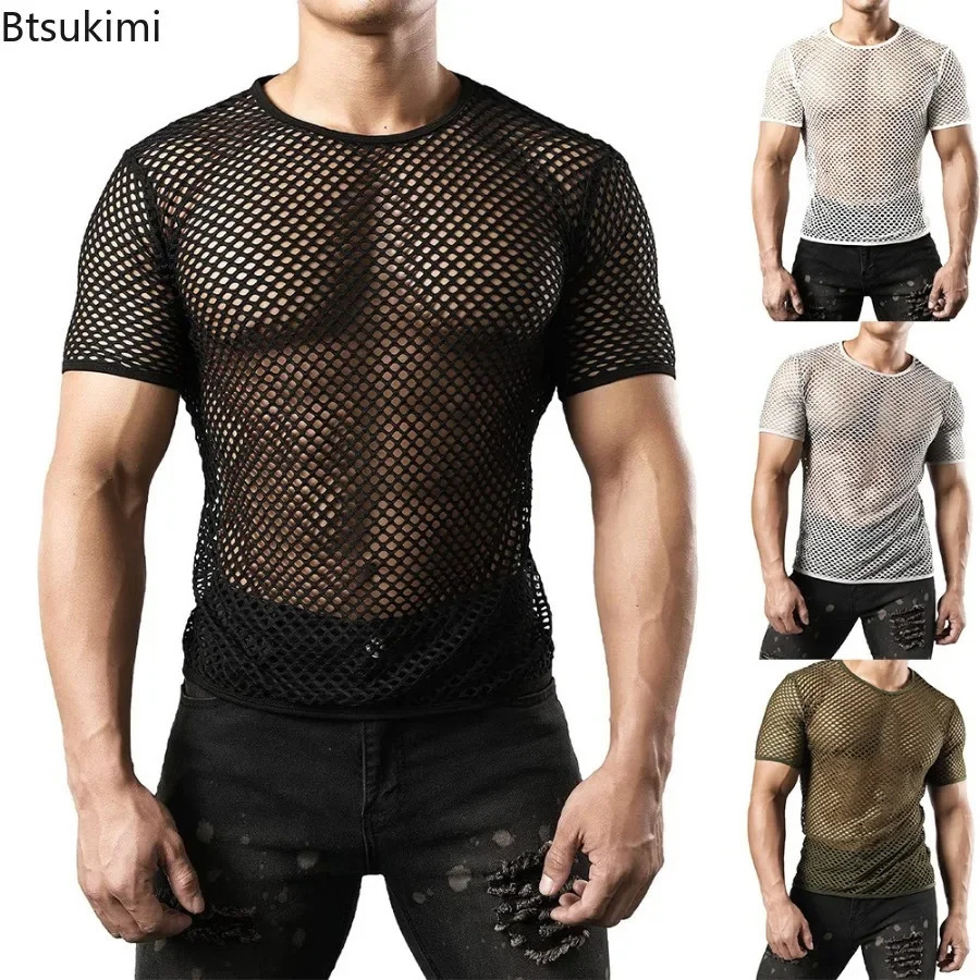 Mens Sexy Mesh T-shirts Transparent Hollow Out Fishnet Short Sleeve O-neck Tops Men Sport Fitness Tees Nightclub Vest 250614