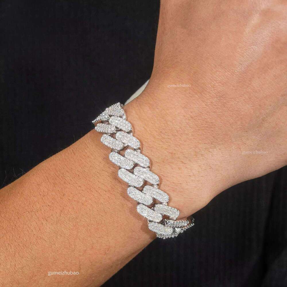 Wholesale Sterling Sier VVS Moissanite Iced Out 16mm 3 Rows Dia Link Chain Necklace Cuban Bracelet