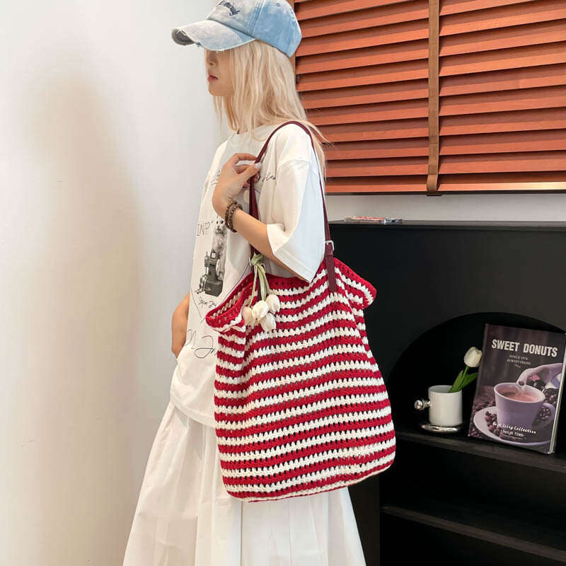 Versatile Color-Block Striped Woven Personality Fashion Shopping Beach Crochet Single Shoulder Handbag Straw Bag