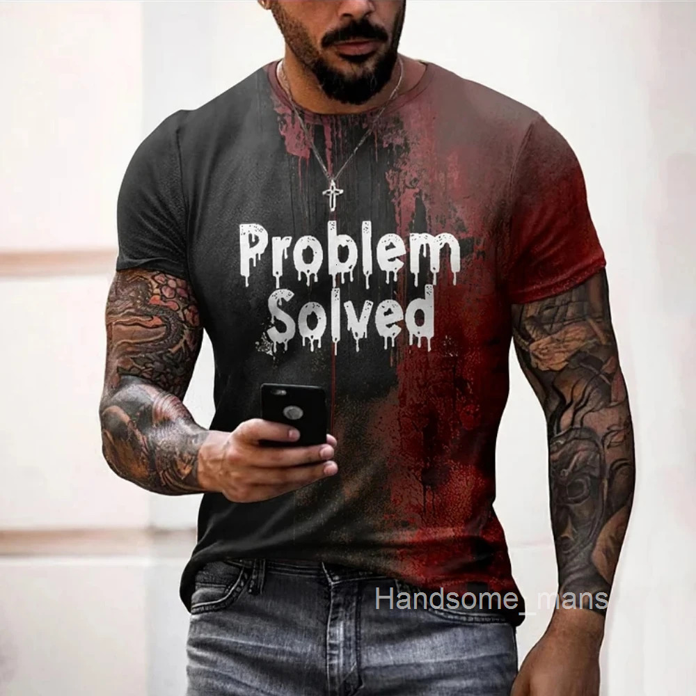 Bloody print mens T-shirt problem solved T-shirt fashion horror Halloween short sleeved top casual round neck oversized T-shirt