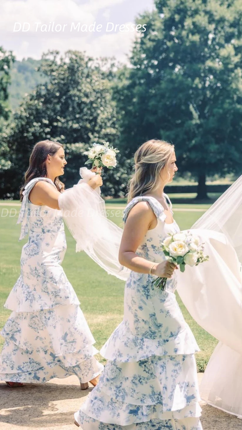 Blue Floral Print Satin Bridesmaid Dress Bow Straps Long Wedding Guest Gowns Sleeveless Pastrol Prom Party Dress 2025 Special Occasion Wear