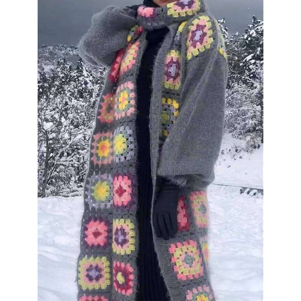 2022 BOHO Colored Plaid Flower Hand Crochet Cardigan Woman O neck Open ing Long Sweater Knitwear Holiday Jumper Gray