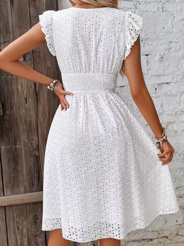 Summer Dresses Women V-Neck Beach Dress Flare Sleeve Solid Color Hollow Lace Waist Dress Casual Beach Holiday Dresses