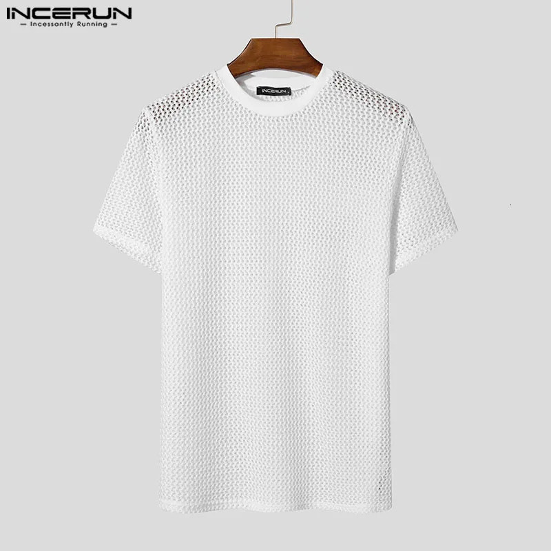 INCERUN Tops American Style Fashion Mens Mesh Hollow T-shirts Casual Summer Slightly Perspective O-neck Short Sleeved Camiseta 250614