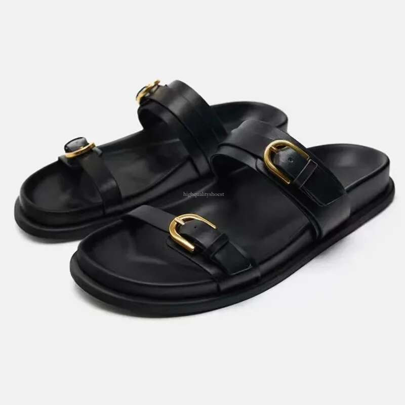 Summer 2025 Women s Sandals Flat Beach Slippers Outdoor Fashion Designer Thick Bottom Slippers Metal Buckle Soft Leather Walking Women s Roman Shoes