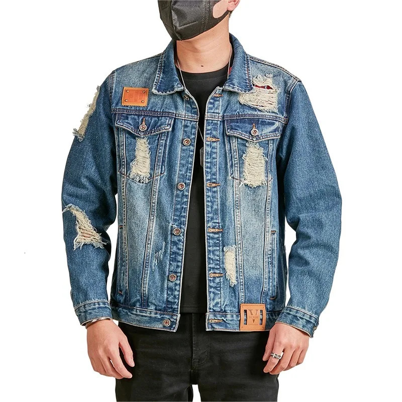 Mens Spring Autumn Broken Hole Denim Loose Casual Streetwear Fashion Ripped Jacket Man American Jeans Cargo Coat 250614