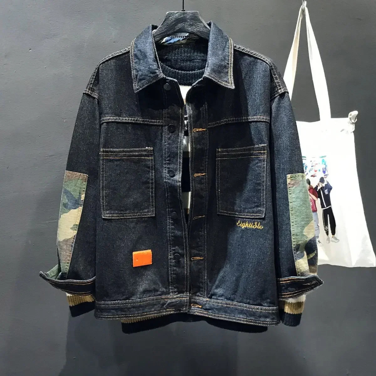 Jeans Coat for Men Wide Sleeves Black Denim Jackets Man Cargo Camouflage Fashion Big Size in One Piece Washed G Vintage L S 250614