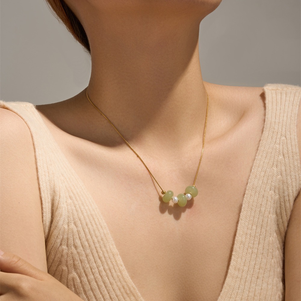 Light Fashion Simple Personality Versatile Pearl Jade Double Layer Stacked Necklace for Women Titanium Steel Non-Fading Jewelry