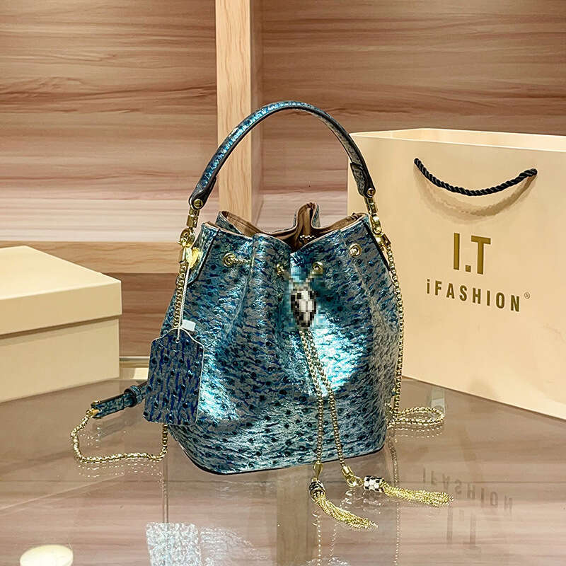Pattern High-End Chain Snake Bucket for Women 2025 New Genuine Leather Fashion Single Shoulder Crossbody Small Bag