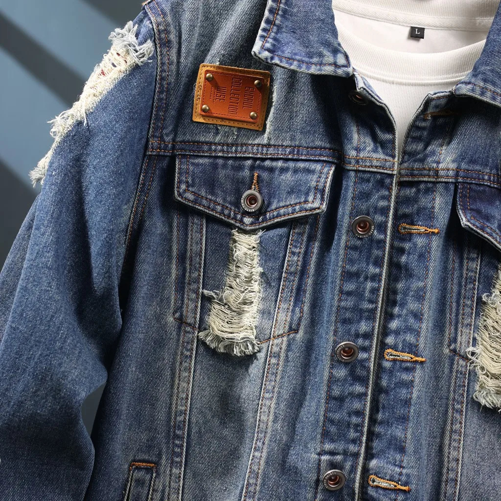 Mens Spring Autumn Broken Hole Denim Loose Casual Streetwear Fashion Ripped Jacket Man American Jeans Cargo Coat 250614