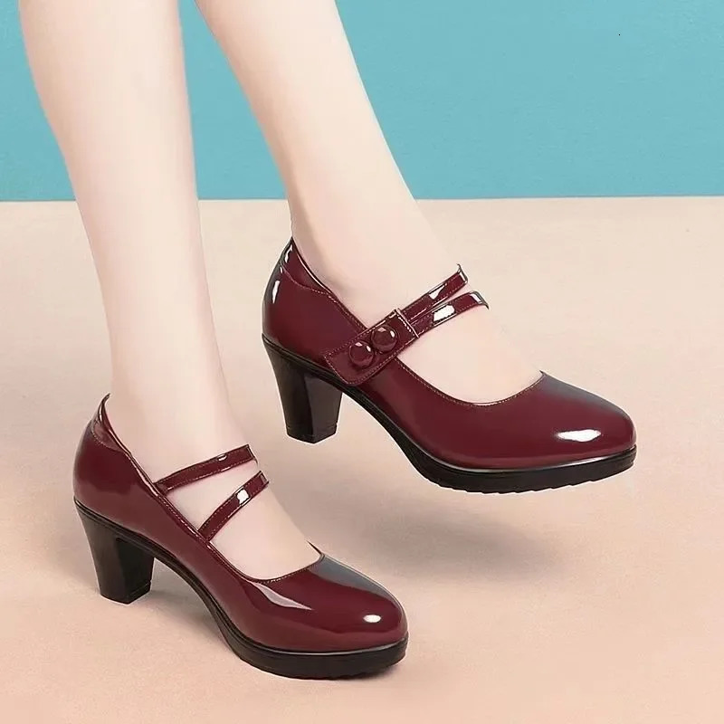Fall 2025 Womens Low Cut Single Shoes High Heel Buckle Strap Thick Heel Qipao Show Mom Shoes round Toe Rubber Outsole PU Leathe 250614