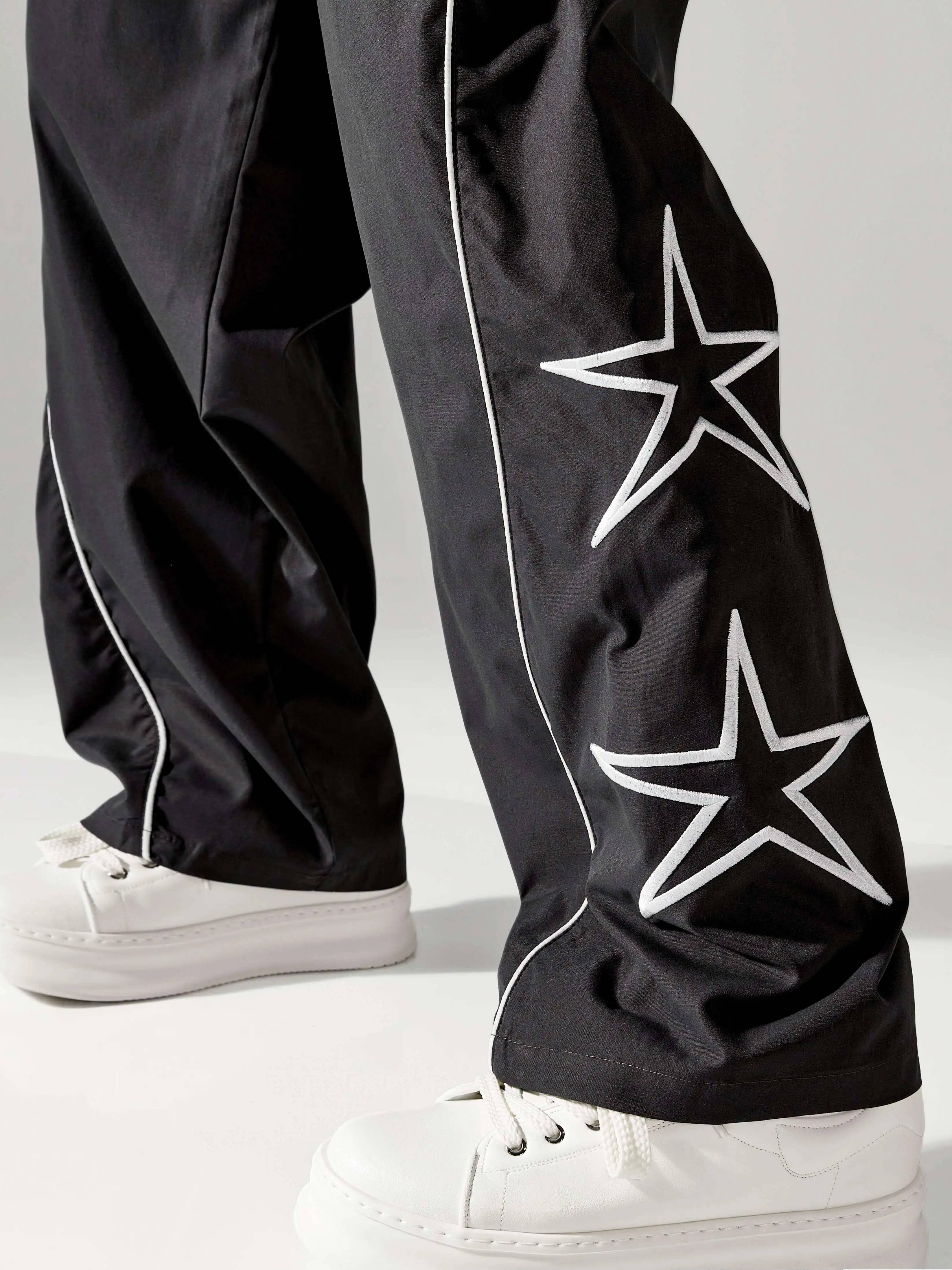 Larbulse Men Contrast Trim Star Trouser Fashion Casual Solid Color Breathable Loose Straight Drawstring Pants Streetwear