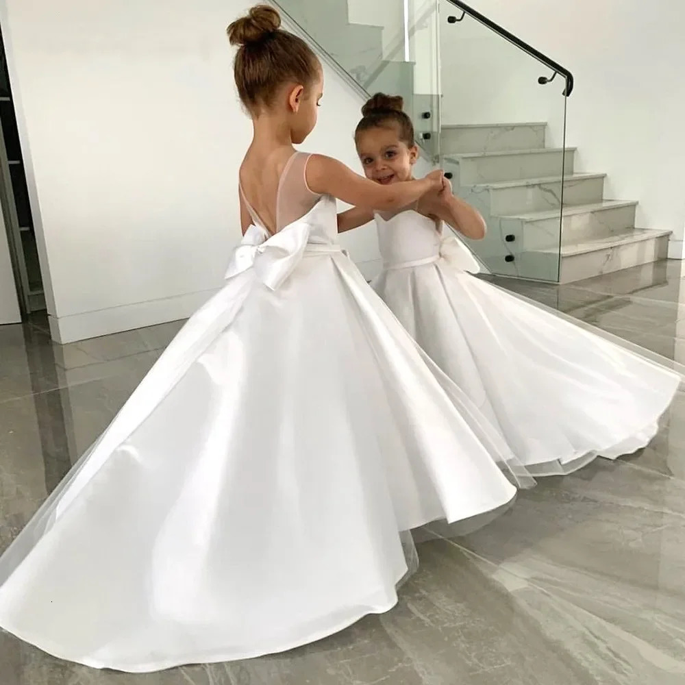 Customized White Child Flower Girl Dresses for Weddings Satin A-line Tulle Bow Long Bridesmaid Pageant Robe First Communion Gown 250614