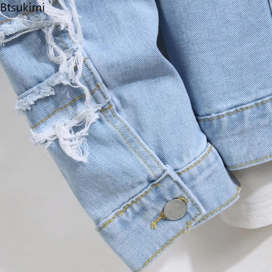 Mens Distressed Stacked Splicing Denim Jackets Trend Streetwear Loose Casual Holes Ripped Jean Coats Men Clothing Tops 250614