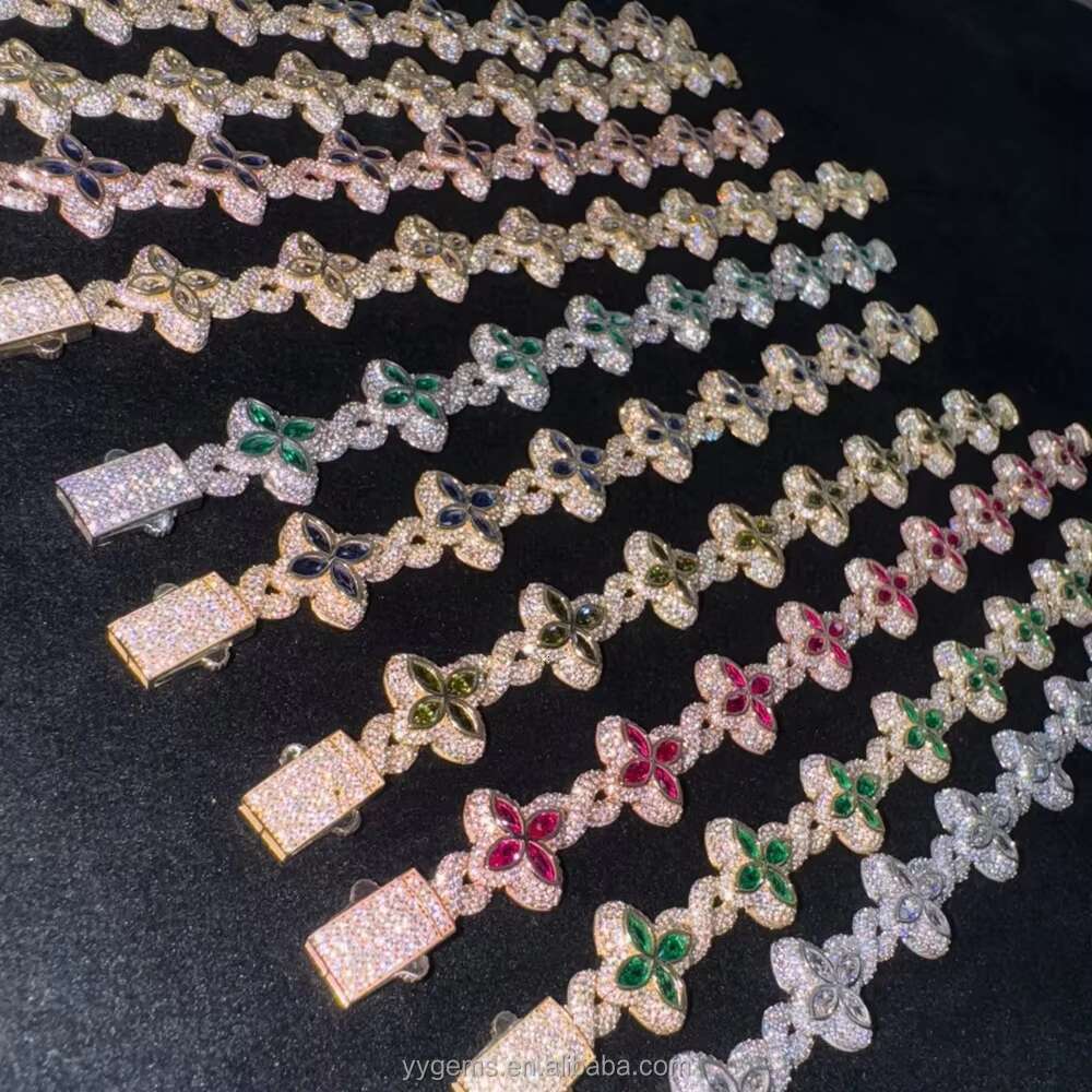 Clover Bracelet Infinity Link S925 Hip Hop Jewelry Colorful Moissanite Diamond Clover Fine Jewelry Cuban Chain