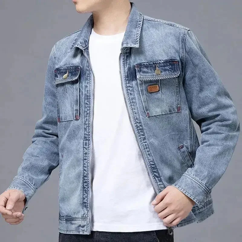 Mens Jean Coats Biker Zip V Blue Autumn Pocket Denim Jacket Motorcycle Vintage Aesthetic Casual Joker Outerwear Japanese Y2k 250614