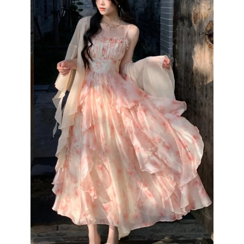 2 Piece Dress Sets Women Elegant Chiffon Summer Casual Slim Strap Dress Fairy Cardigan Fashion Chic Vintage Suit Even Party 250609