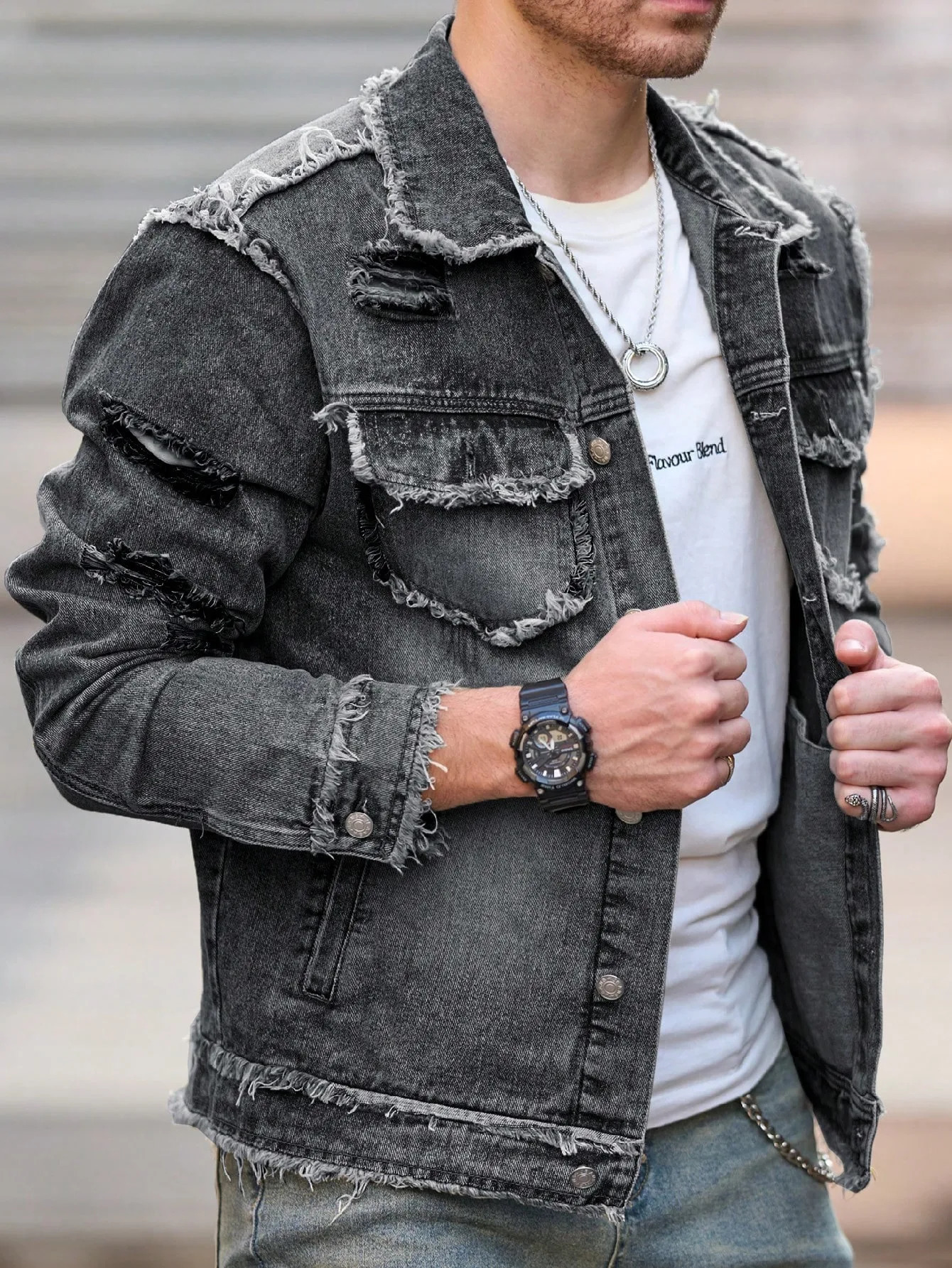 1pc Mens U2K Minimalist Style Ripped Raw Edge Casual Denim Jacket Stylish n for Everyday Wear Flight Denim 250614