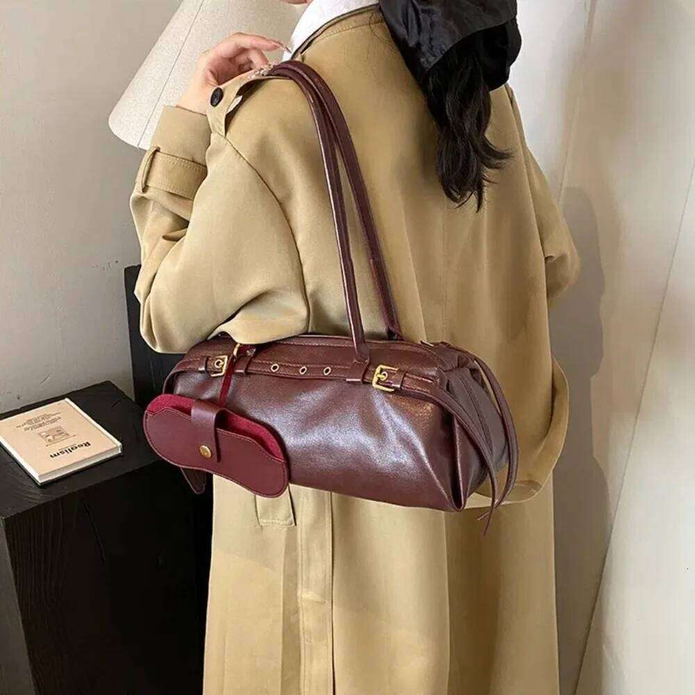 Color PU Leather Casual Boston Handbag Belt Buckle Women Solid Bowling Retro Tote Shoulder Underarm Bag