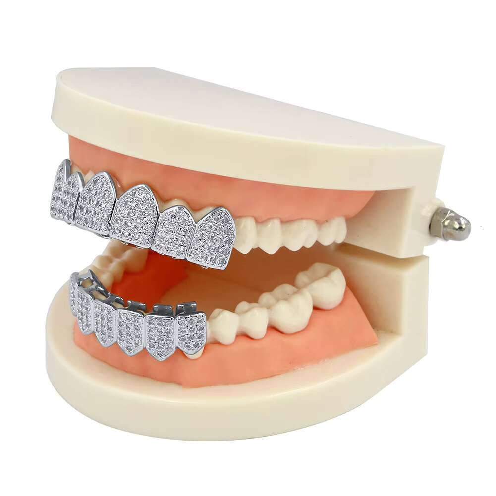Hip Hop Diamond Teeth Grillz 18K Gold White Gold Plated Iced Out Tooth Grills Set for Mens Grillz Vampire