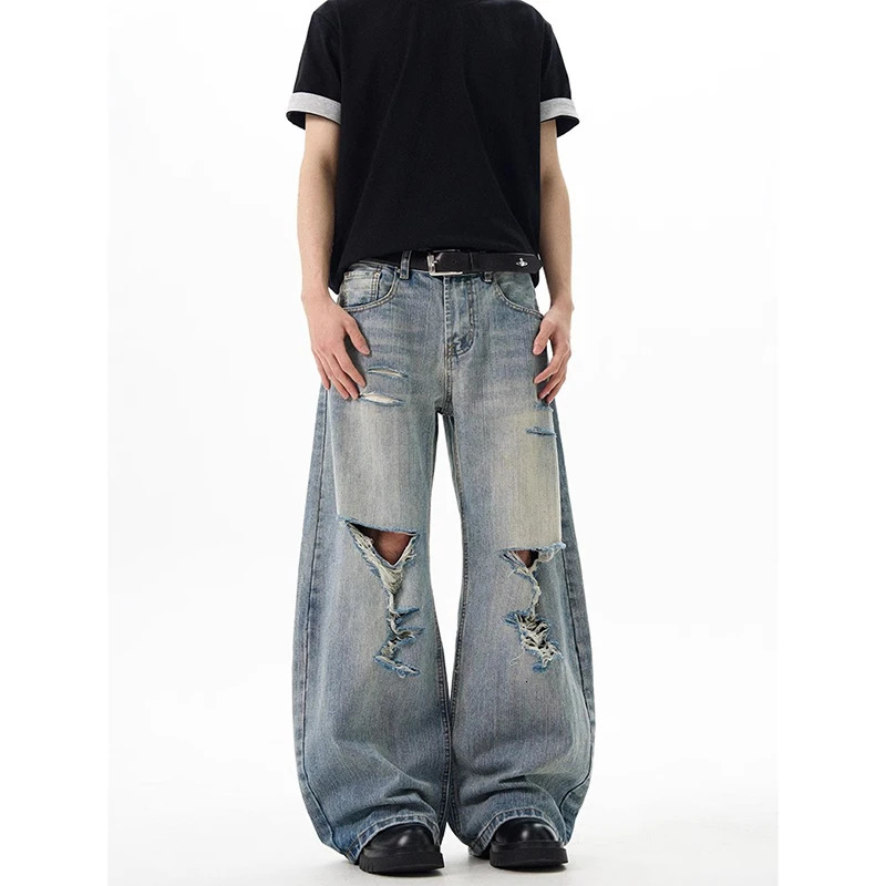 Spring American Vintage Y2k 2000s Blue Ripped Jeans Mens High Wide Leg Denim Pants Streetwear Fashion Baggy Cargo Trousers 250614