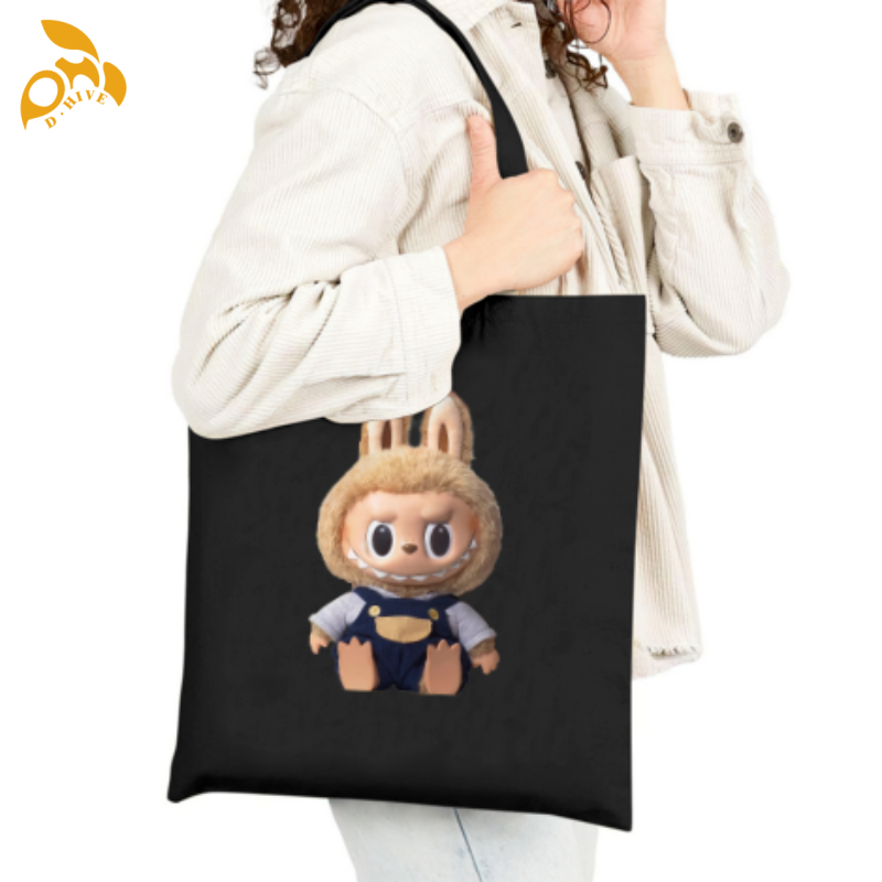 Free shipping TOP fashion designers customize lightweight and high-quality black full-print canvas tote with labubu pattern bags