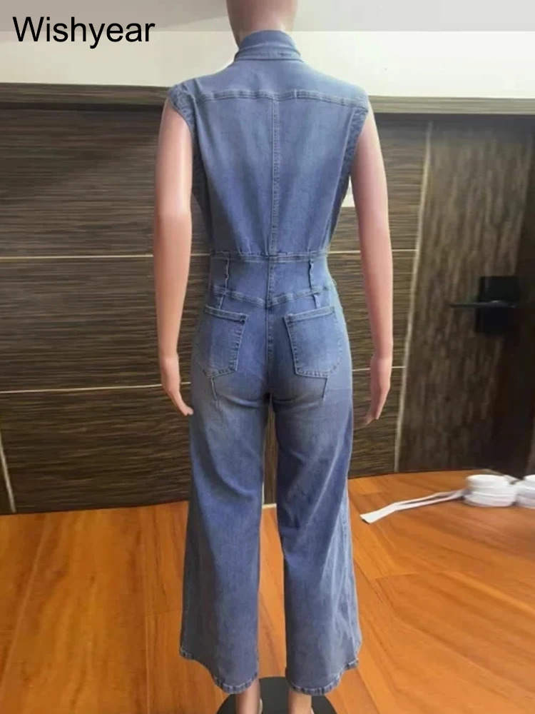 Vintage Loose Denim Wide Leg Pants Jumpsuit Women Pocket Sleeveless Single Breasted Baggy Jean One Piece Rompers Street Overalls 250612