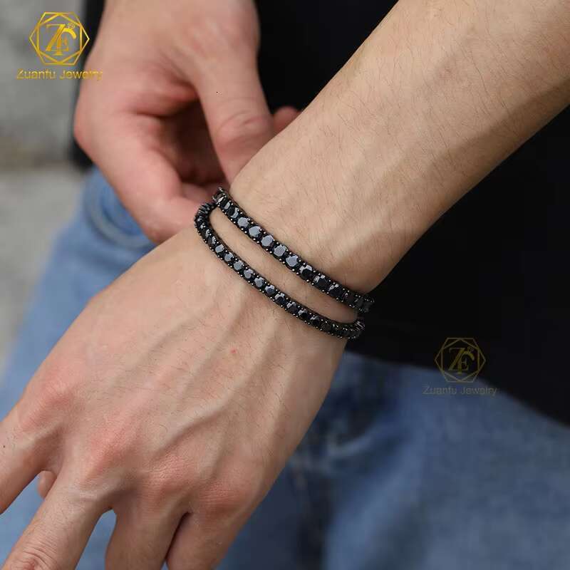 Black Rhodium Link Moissanite Tennis Chain Necklace S925 Sterling Silver Trendy Diamond 3mm 4mm 5mm Black Moissanite Chain